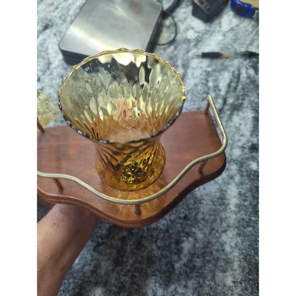 2 Vintage Homco Wood And Goldtone Brass Wall Sconce & Amber Candle Cups